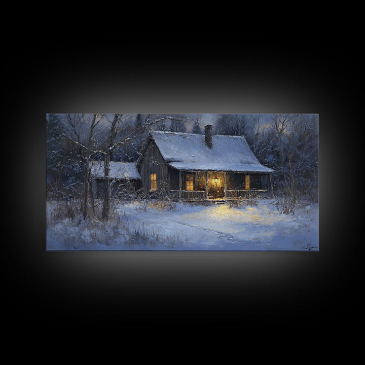Cozy Winter Cabin Scene Framed Canvas Print with Snowy Landscape, Christmas Wall Art, Rustic Winter Scene, Vintage Seasonal Wall Decor