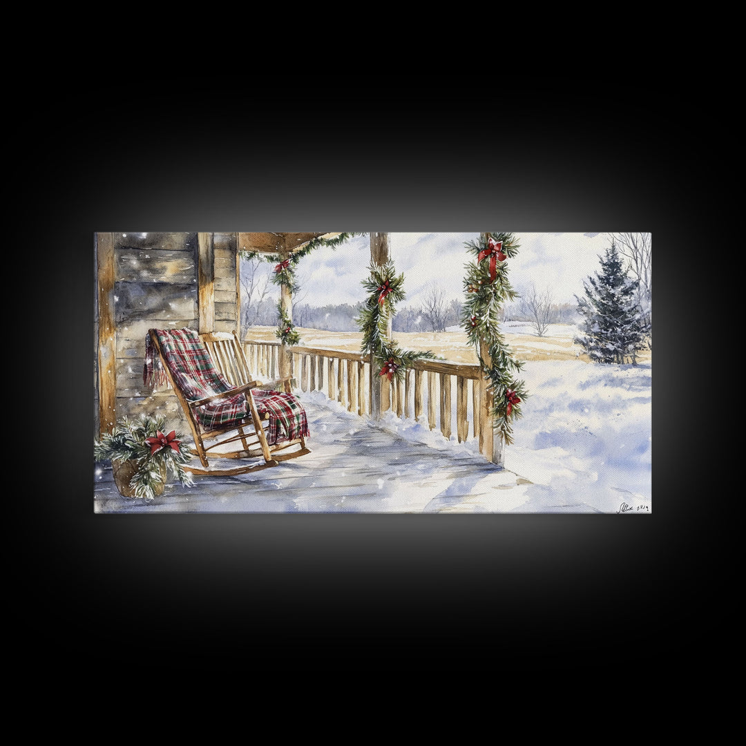 Snowy porch scene with wreaths and holiday greenery, framed canvas print, cozy winter Christmas decor perfect holiday wall display