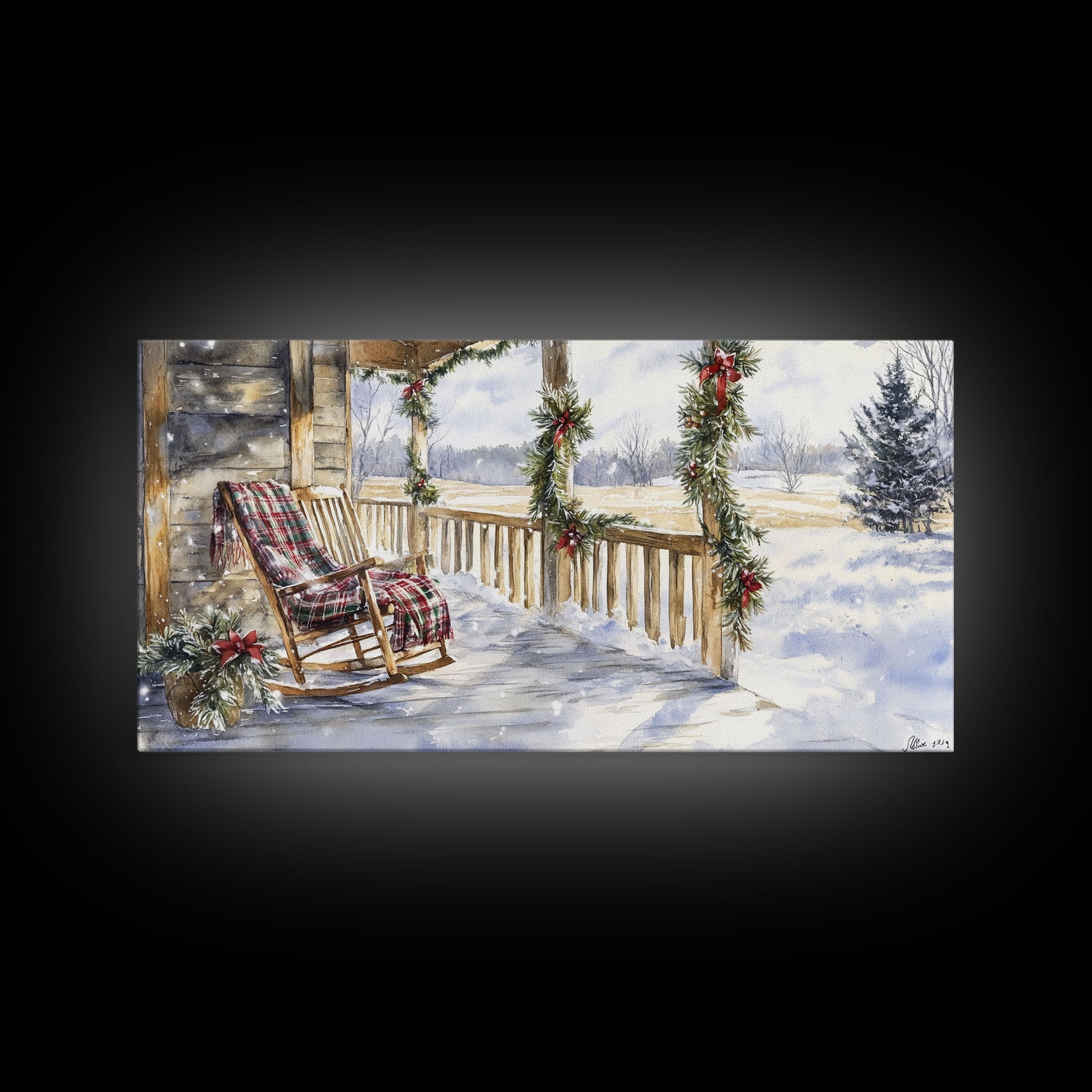 Snowy porch scene with wreaths and holiday greenery, framed canvas print, cozy winter Christmas decor perfect holiday wall display