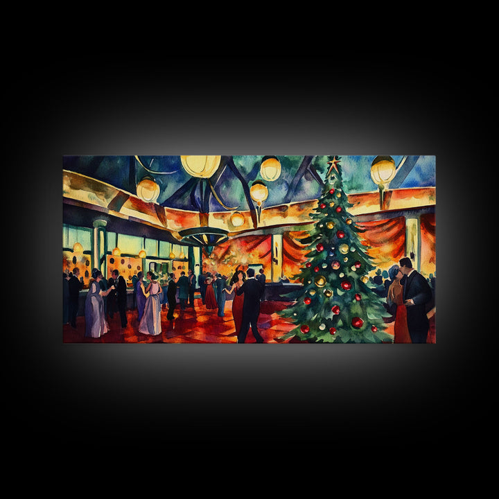 Elegant ballroom Christmas tree with dancing couples, framed canvas print vibrant holiday party decor perfect seasonal wall art