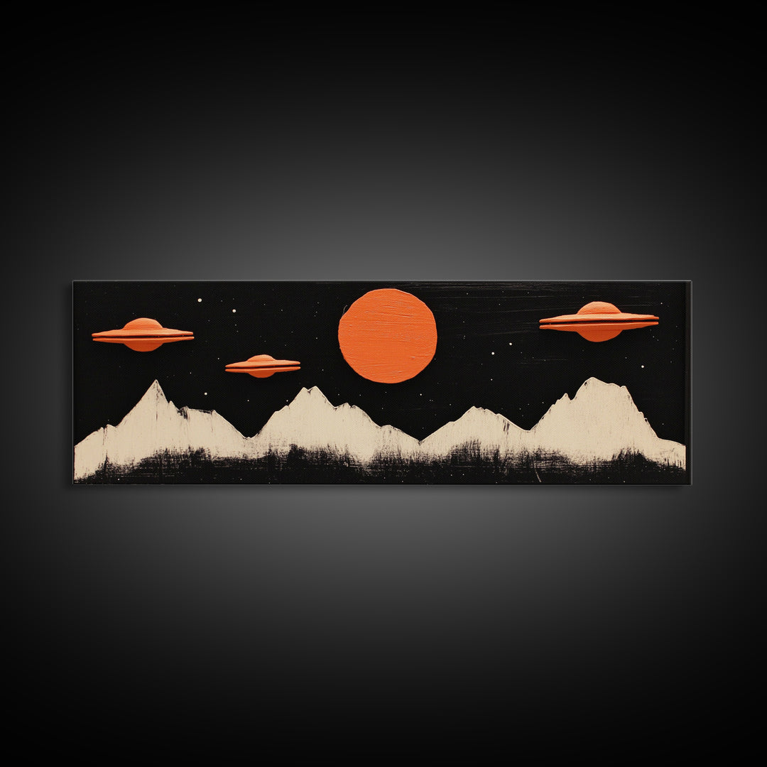 Cute  Nursery Decor - Boy's Room Wall Art - Panoramic Flying Saucers or UFOs Art Print - Framed Canvas