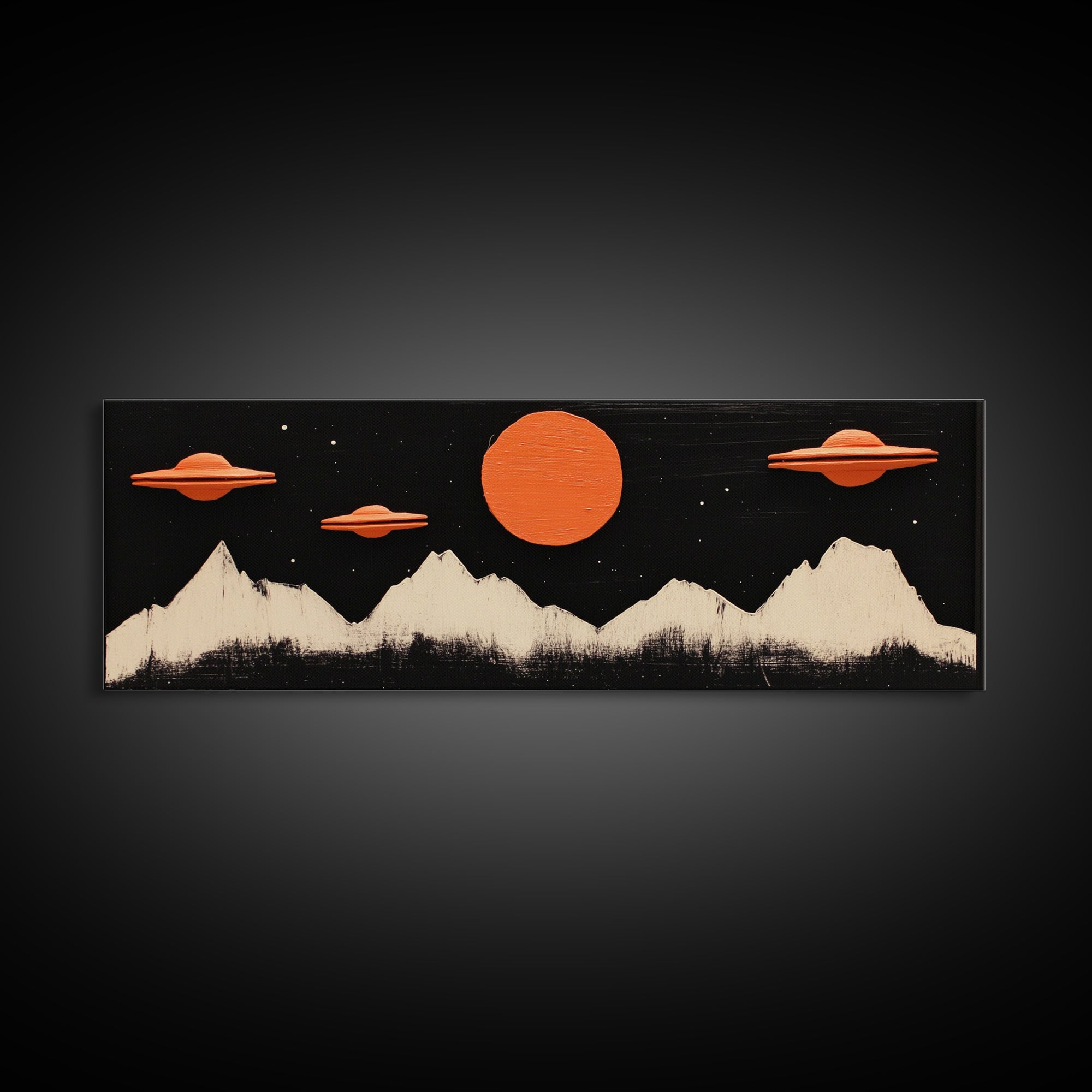 Cute  Nursery Decor - Boy's Room Wall Art - Panoramic Flying Saucers or UFOs Art Print - Framed Canvas