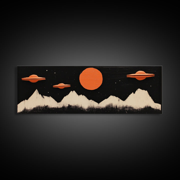 Cute  Nursery Decor - Boy's Room Wall Art - Panoramic Flying Saucers or UFOs Art Print - Framed Canvas