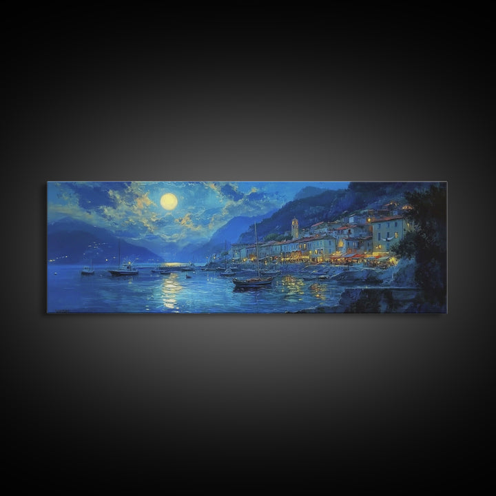 Midnight in Italy - Full Moon - Italian Oil Painting Canvas Print - Whimsical / Eclectic Landscape Painting - Minimalist Boho Home Decor