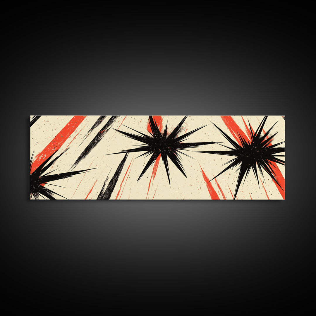 Flashes and Light - Framed Canvas Print - Mid-century Modern Rocket Age Inspired Wall Art - Black Stars with Red Streaks