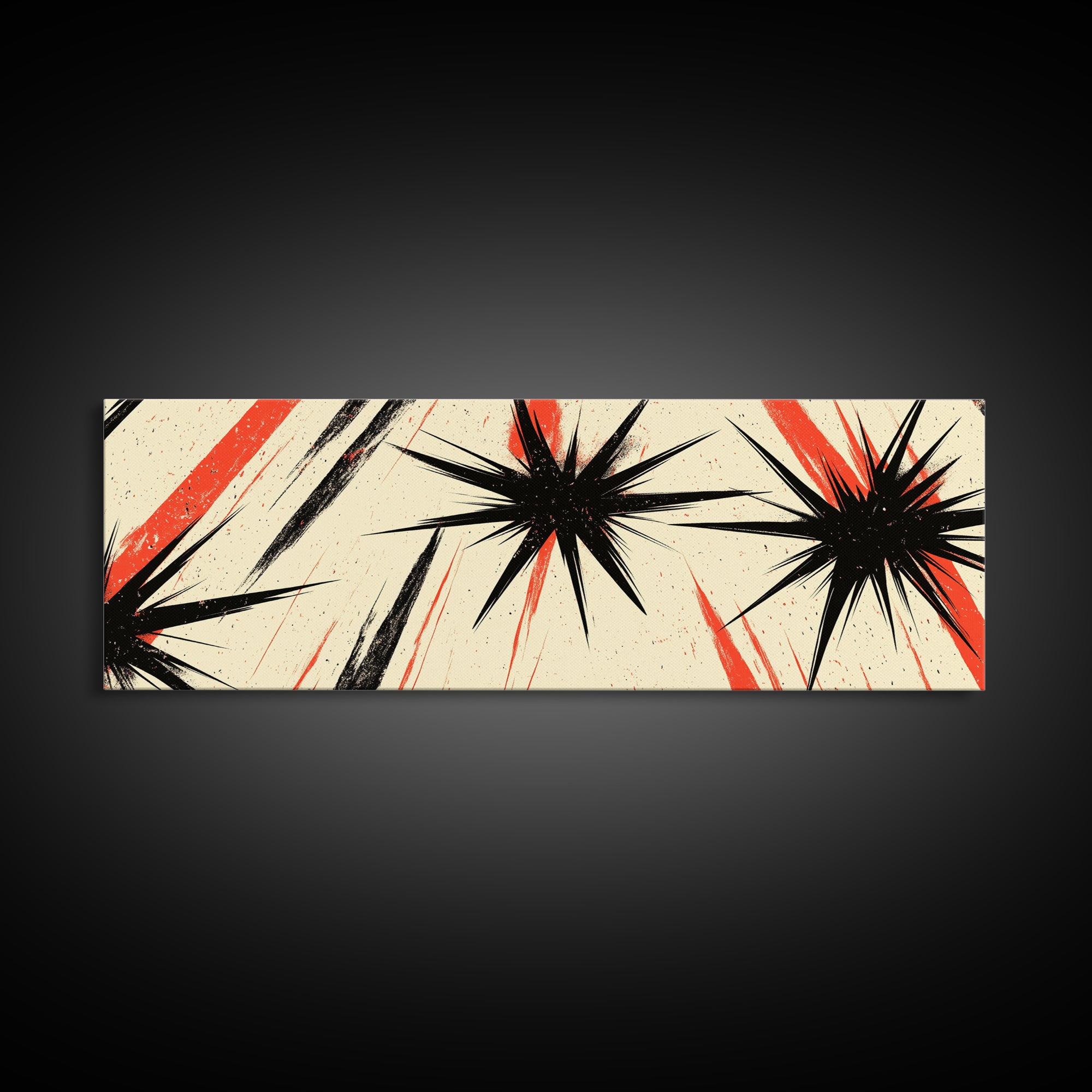 Flashes and Light - Framed Canvas Print - Mid-century Modern Rocket Age Inspired Wall Art - Black Stars with Red Streaks