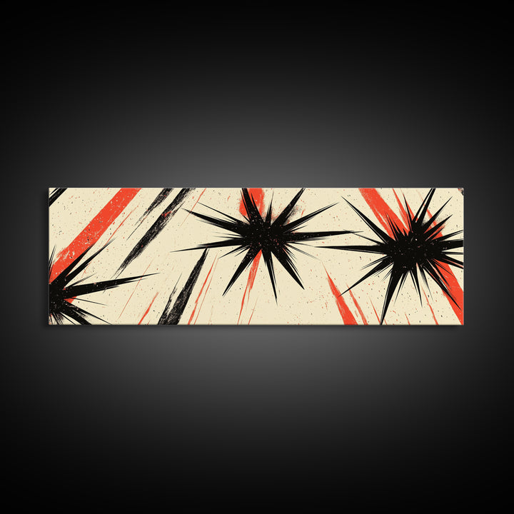 Flashes and Light - Framed Canvas Print - Mid-century Modern Rocket Age Inspired Wall Art - Black Stars with Red Streaks