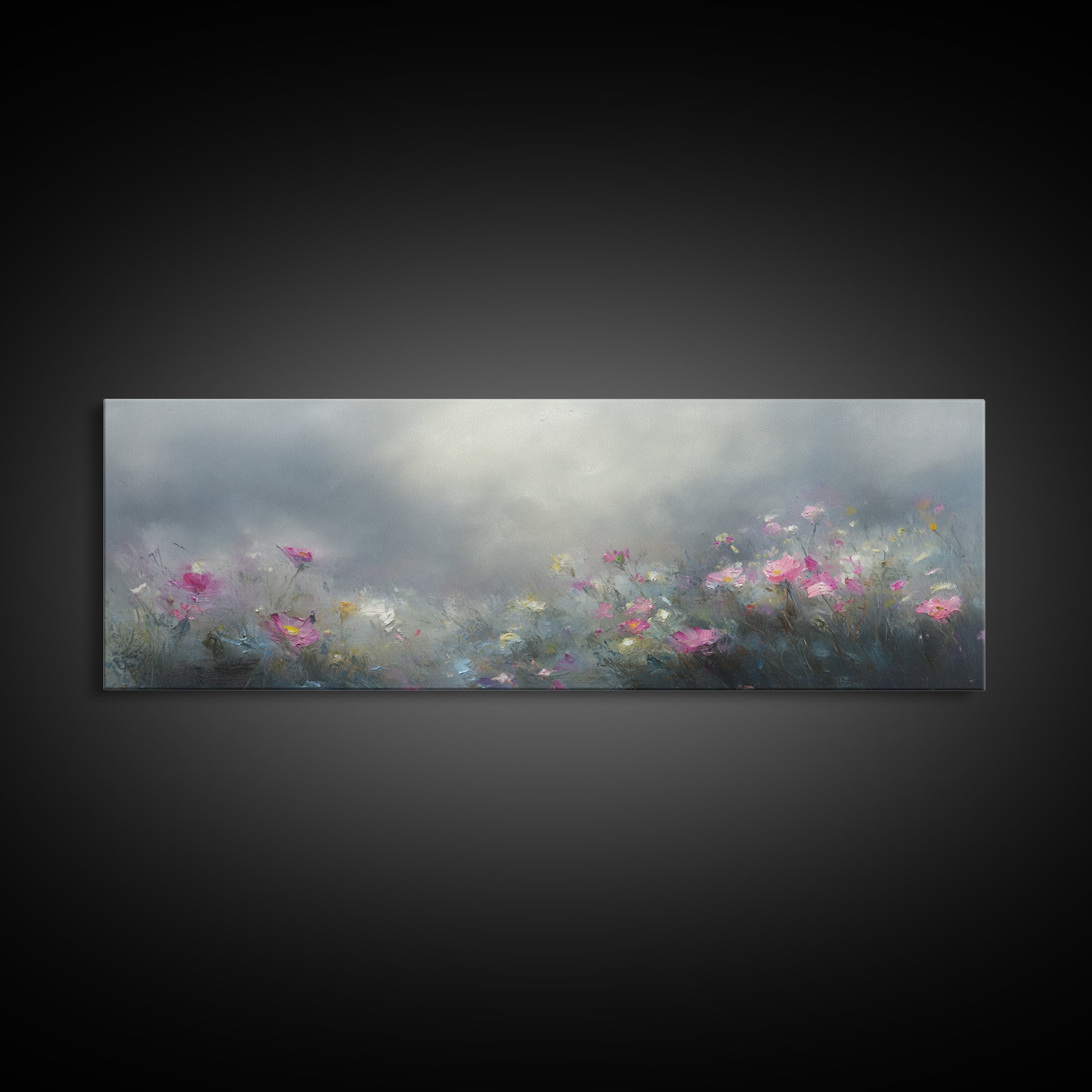 Moody Wild Flowers Under a Cloudy Sky, Panoramic Framed Canvas Print, Nature Decor, Boho Floral Wall Art, Flower Painting Gift For Her