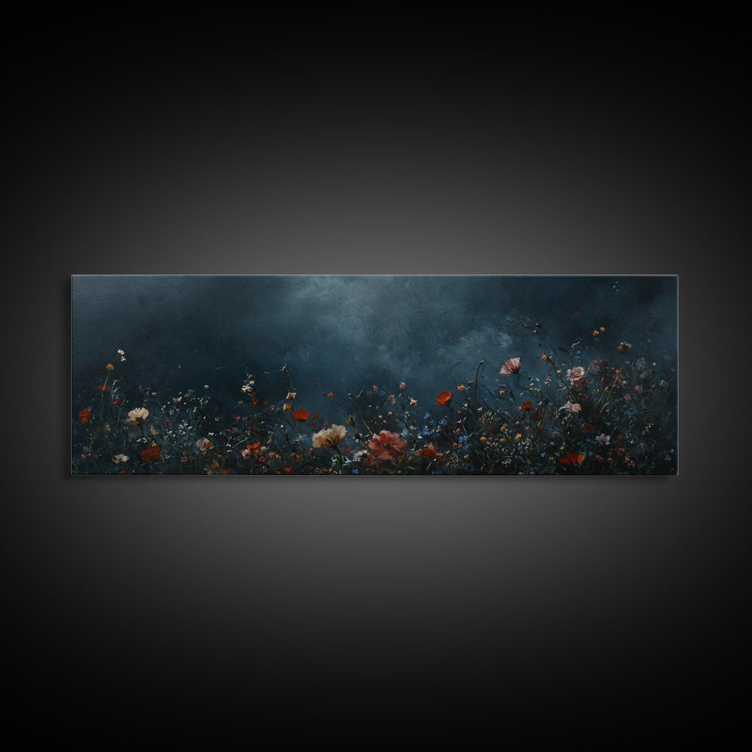 Dark & Moody Wild Flowers At Night, Framed Canvas Print, Panoramic Thought Provoking Wall Art, Above Bed Art, Dark Floral Painting