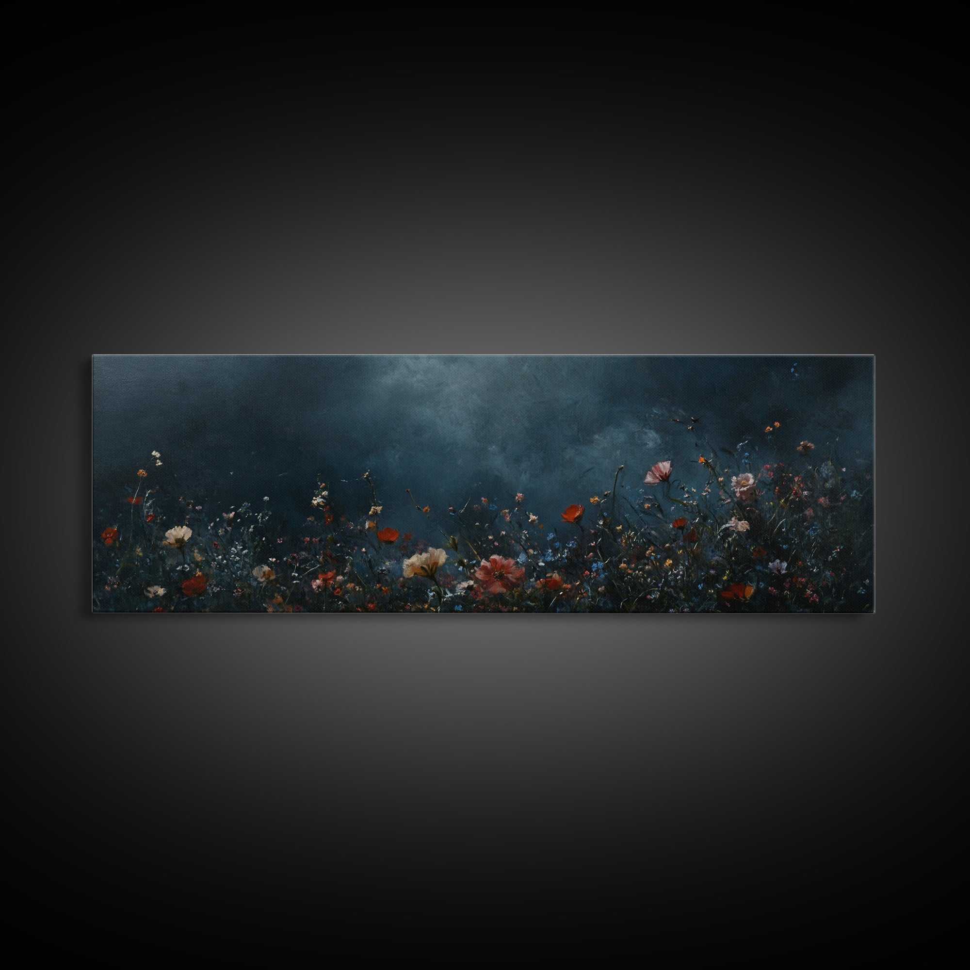Dark & Moody Wild Flowers At Night, Framed Canvas Print, Panoramic Thought Provoking Wall Art, Above Bed Art, Dark Floral Painting