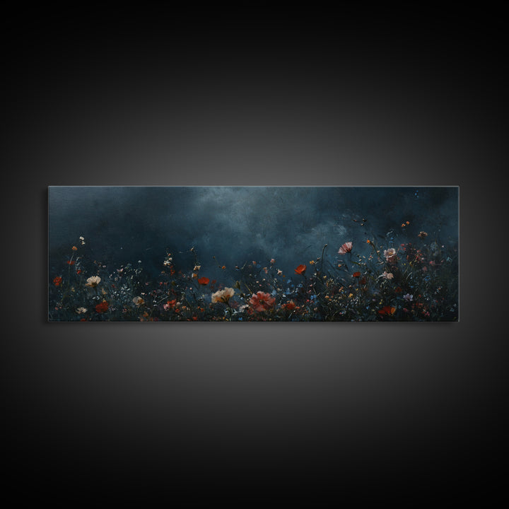 Dark & Moody Wild Flowers At Night, Framed Canvas Print, Panoramic Thought Provoking Wall Art, Above Bed Art, Dark Floral Painting