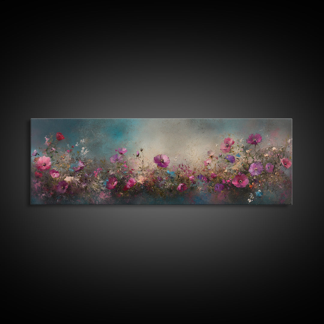 Abstract Pink Flower Painting Print, Wood Framed Wall Art, Flowers Wall Art, Vintage Landscape Wildflowers Painting