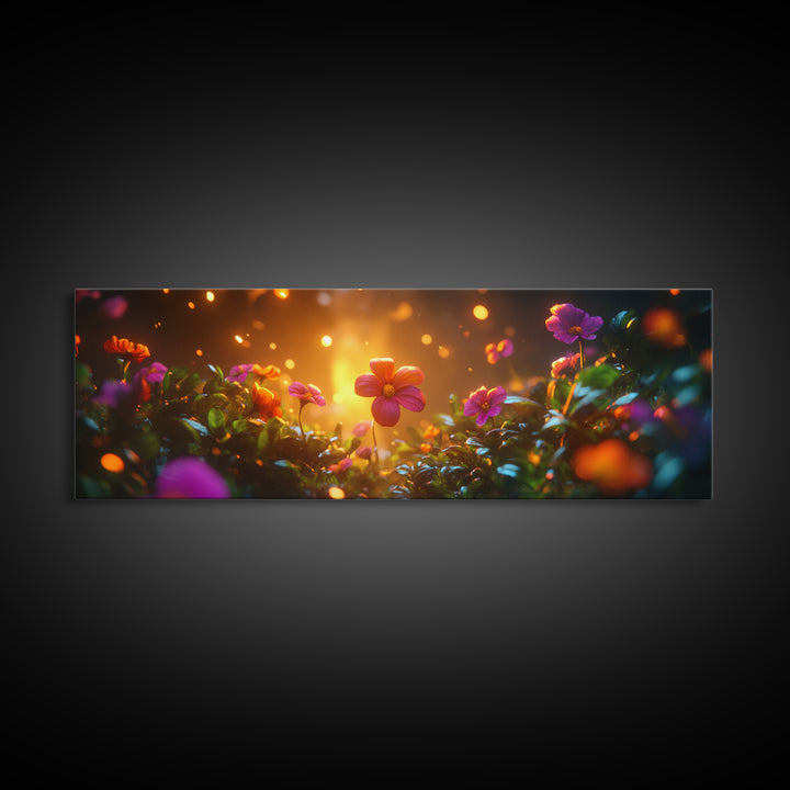 Beautiful 3D Rendered Flower Canvas Print, Wild Flowers In The Morning Dew at Sunset, Panoramic Extra Wide Wall Art