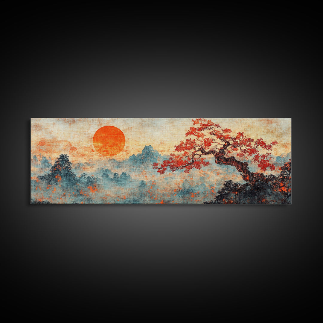 Maple Tree At Sunset With Red Leaves, Japanese Vintage Style Wall Art, Panoramic Painting Print, Woodblock Print, Boho Wall Decor