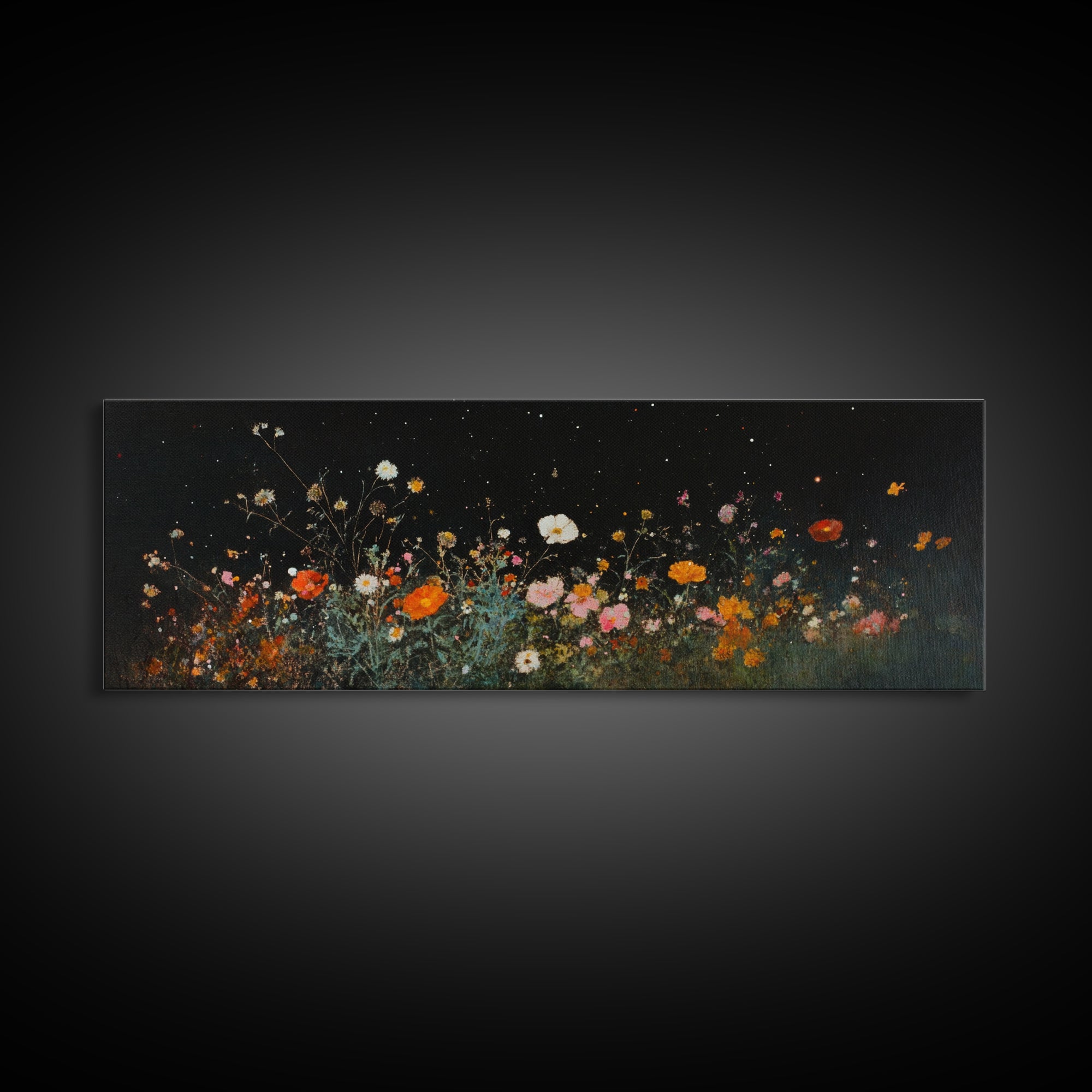 Dark & Moody Wild Flowers Under a Full Moon, Framed Canvas Print, Panoramic Extra Wide Wall Art, Oversized Home Decor