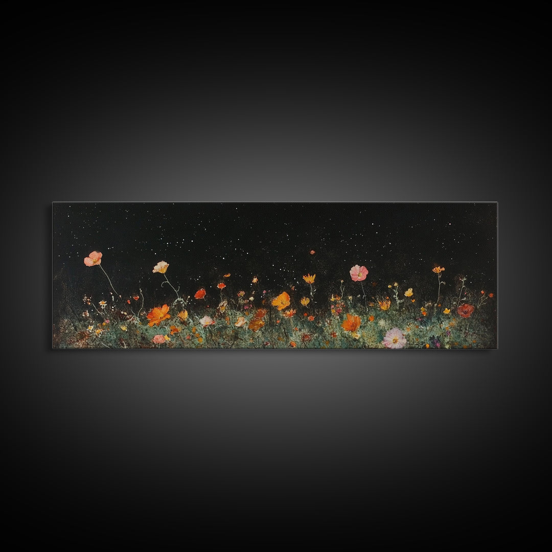 Dark & Moody Wild Flowers Under a Full Moon, Framed Canvas Print, Panoramic Extra Wide Wall Art, Oversized Home Decor, Modern Farmhouse Art