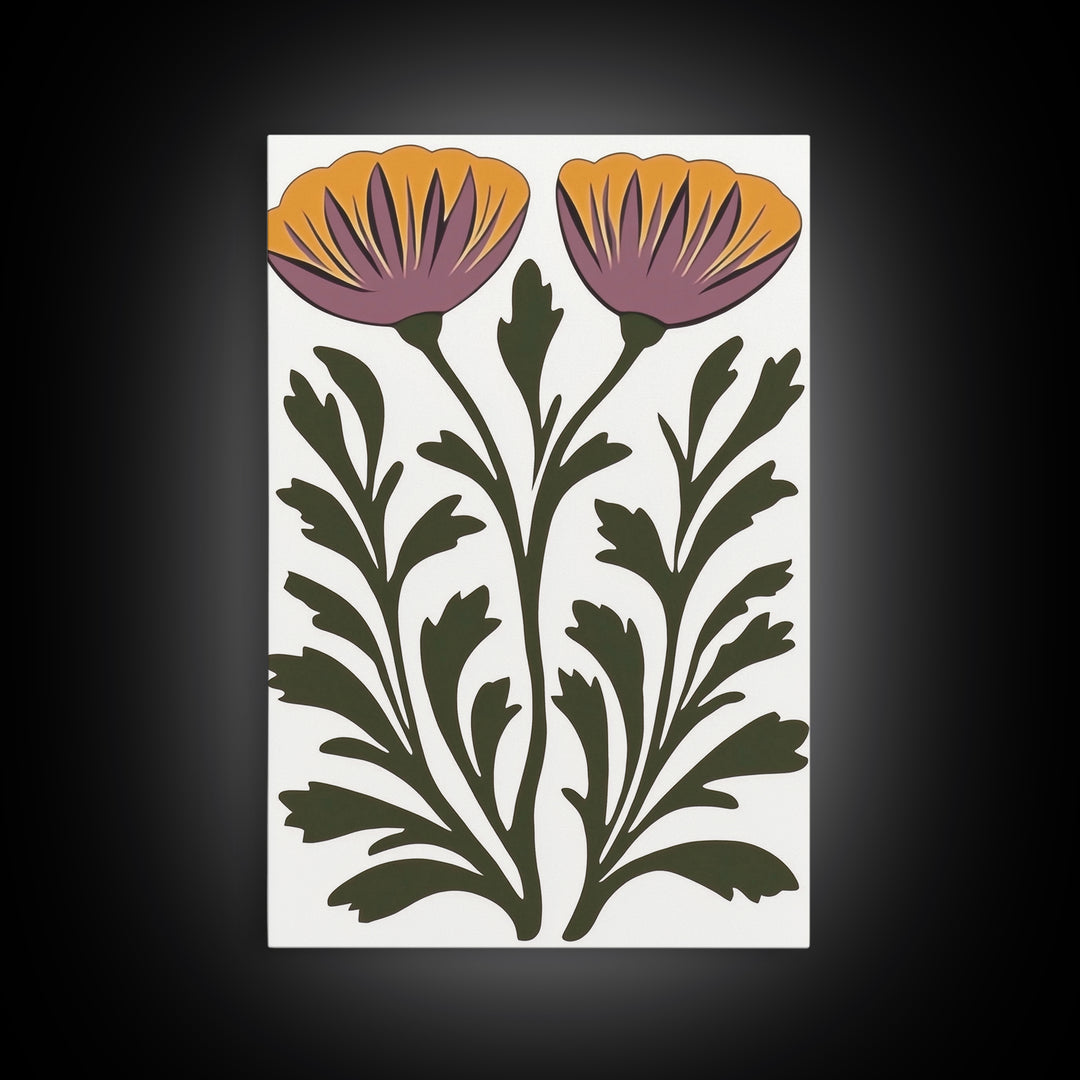 Abstract Botanical Wall Art, Framed Canvas Print, Purple Flowers on White Background