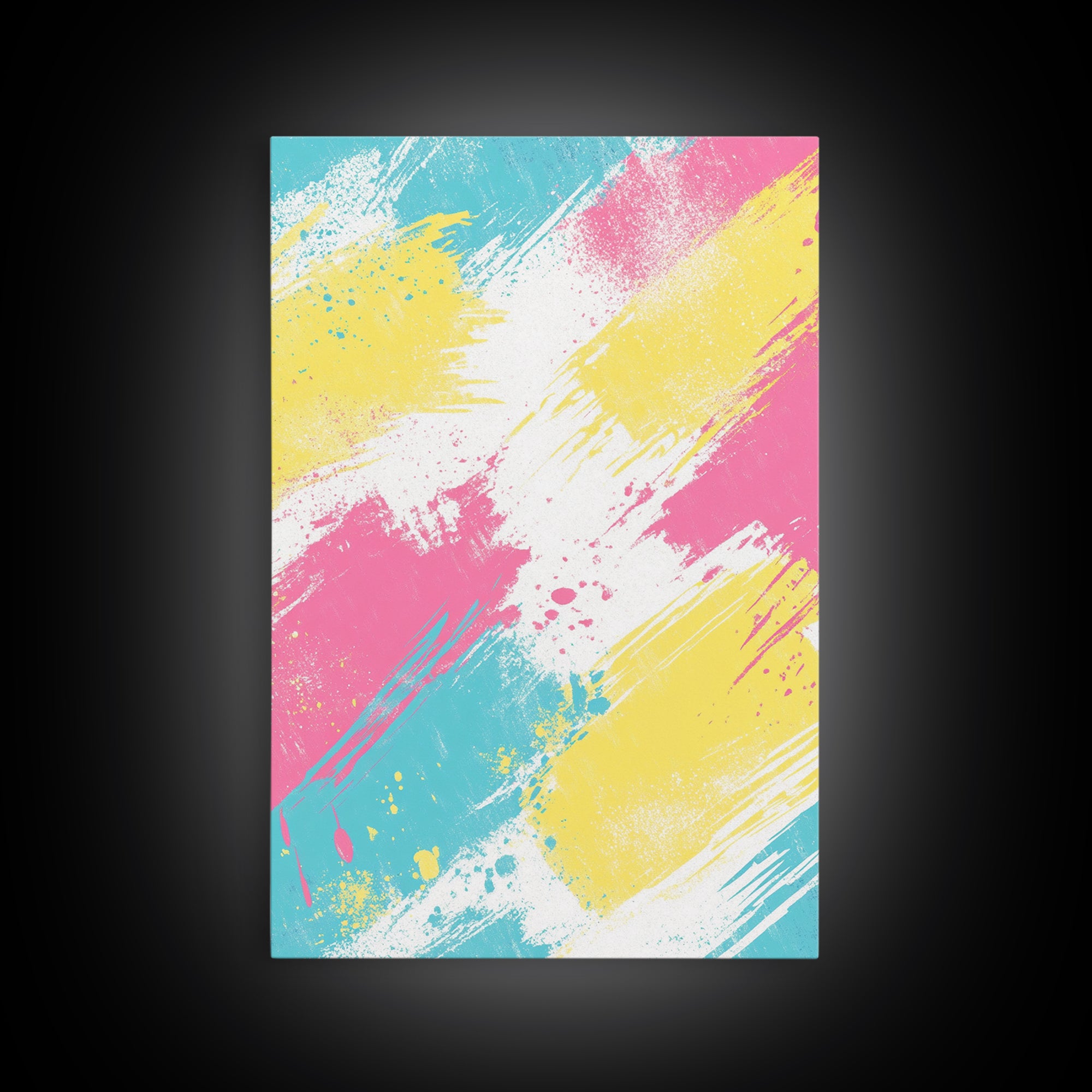Brush Strokes On Canvas Print, Wood Framed Wall Art, Preppy Dorm Room Decor, Pink Turquoise and Yellow on White Background Wall Art