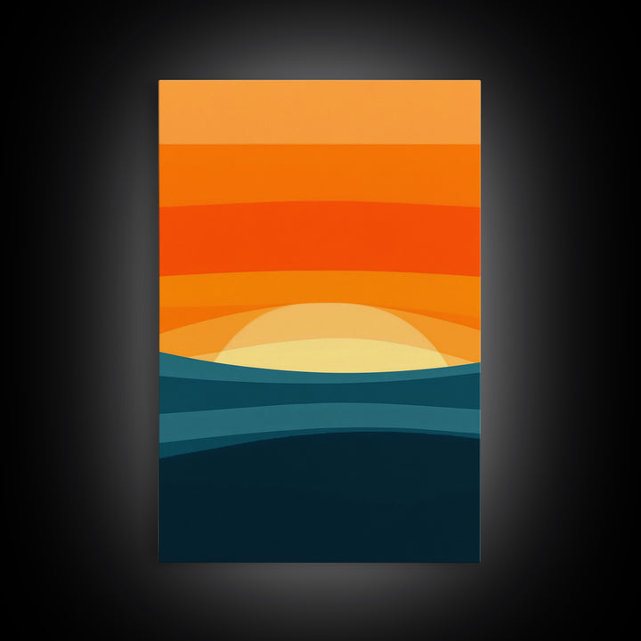 Art Deco Sunset Framed Canvas Print, MCM Style Wall Art Living Room Decor, Abstract Modern Art