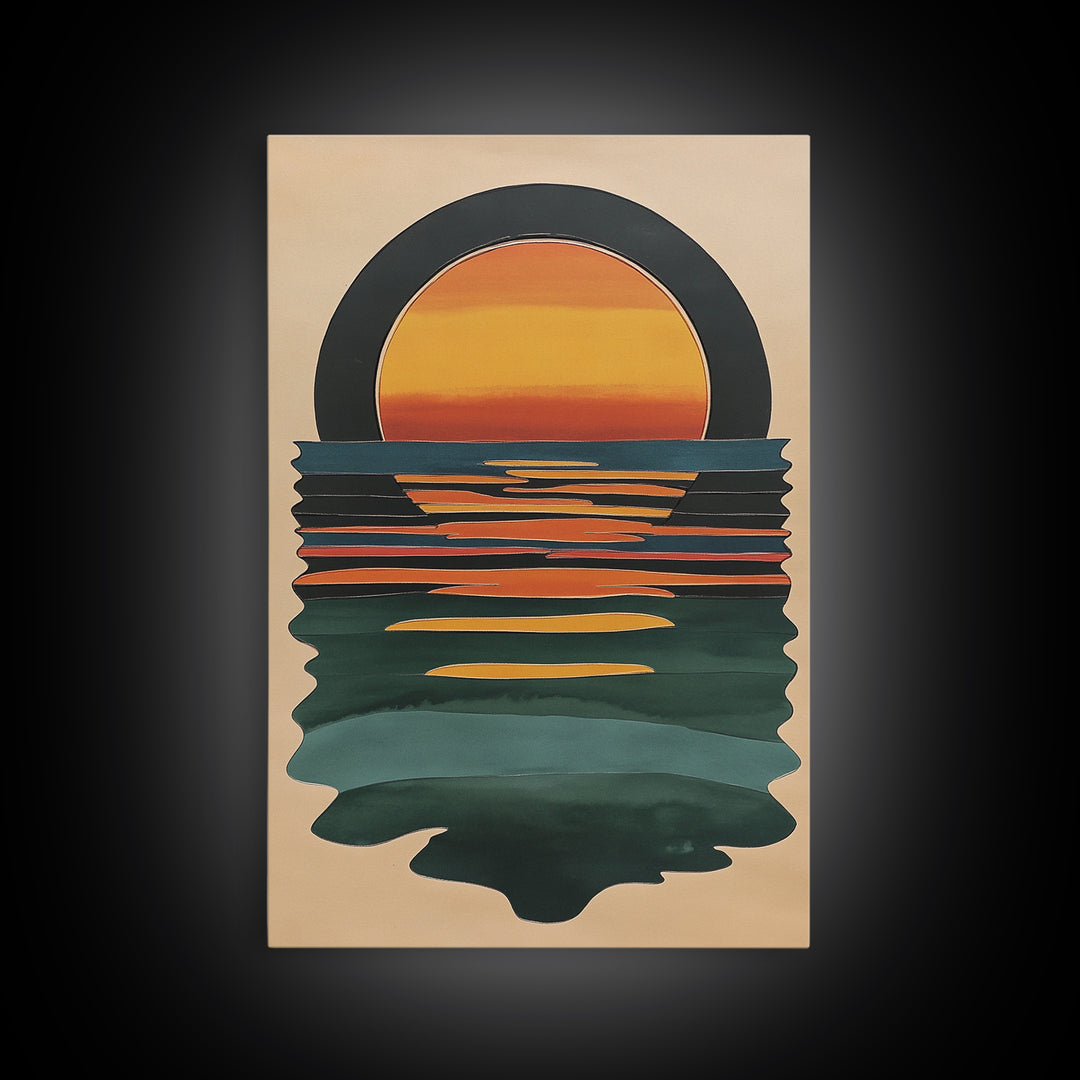 Art Deco Sunset Over The Ocean, Minimalist Home Decor Canvas Print, Emerald Green Ocean With Sunrise, Boho Art