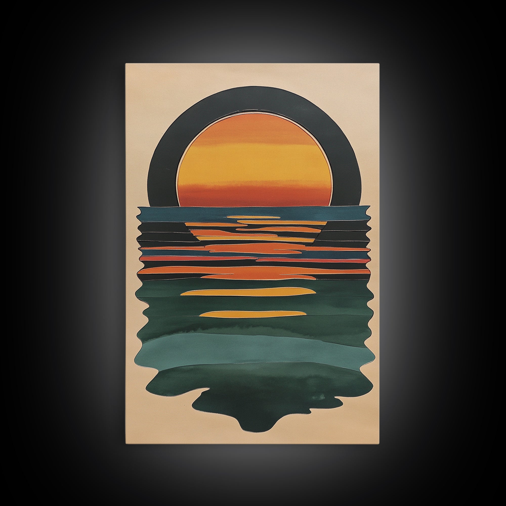 Art Deco Sunset Over The Ocean, Minimalist Home Decor Canvas Print, Emerald Green Ocean With Sunrise, Boho Art