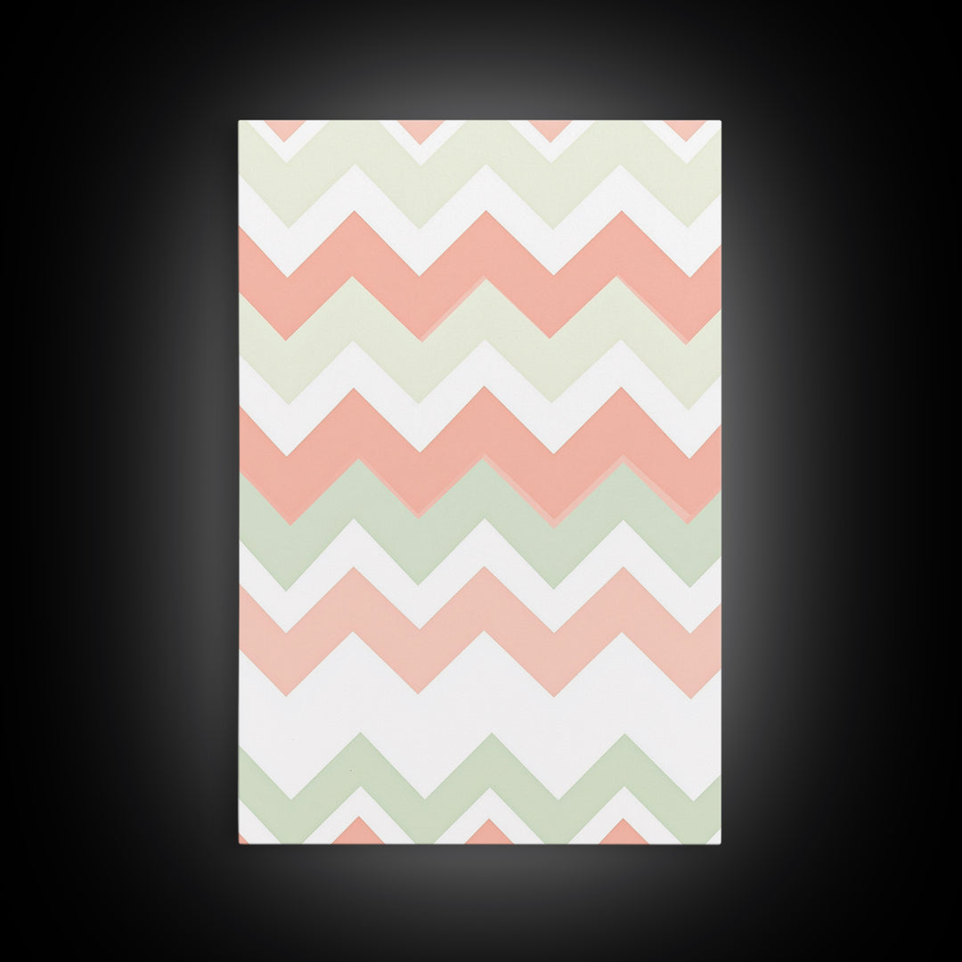 Pink and Mint Green Chevrons, MCM style Mid Century Modern Home Decor, Framed Canvas Print, Whimsical Wall Art