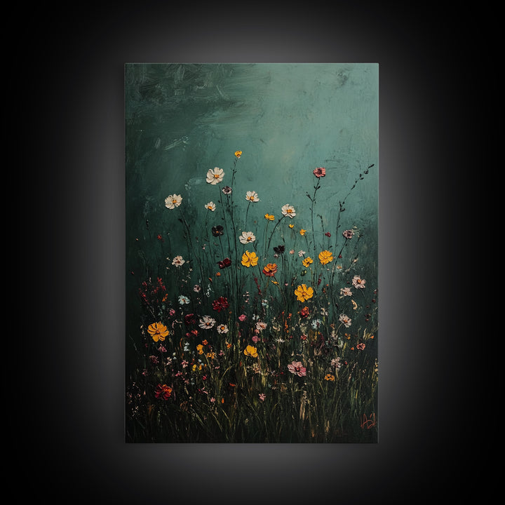 Dark & Moody Wild Flowers Print, Framed Canvas, Boho Decor, Wildflowers in a Rain Storm, Modern Farmhouse, Rustic Decor