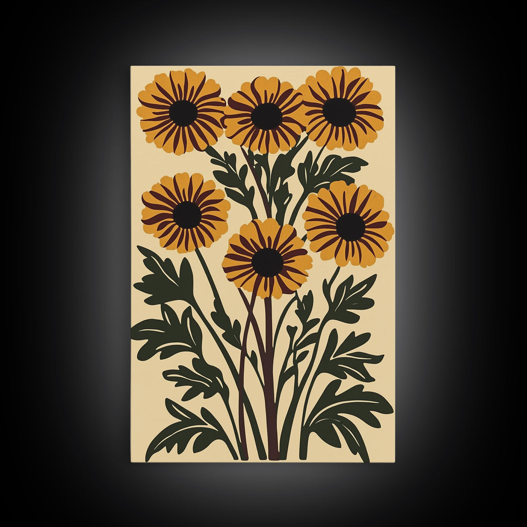 Cute Framed Canvas Wall Art Flower Print, Wild Flowers on Cream Background, Modern Home Decor, Boho Minimalist Wall Art