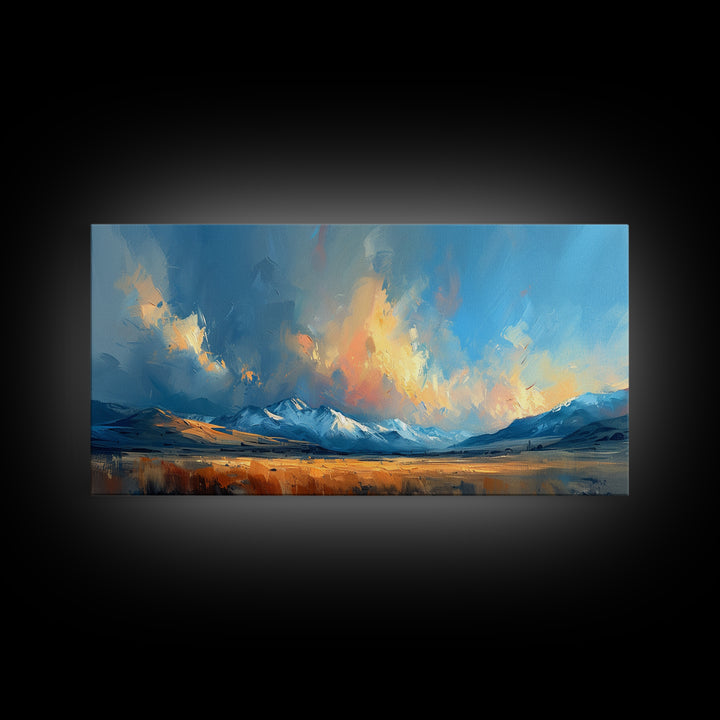 Panoramic Mountain Landscape Painting Print, Oil Painting Of Wyoming Mountains, Antique Style Art Print, Walnut Frame Art