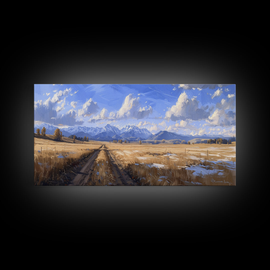 Dirt Roads of Wyoming Framed Canvas Print, Oil Painting Print, Panoramic Extra Wide Large Format Living Room Wall Decor