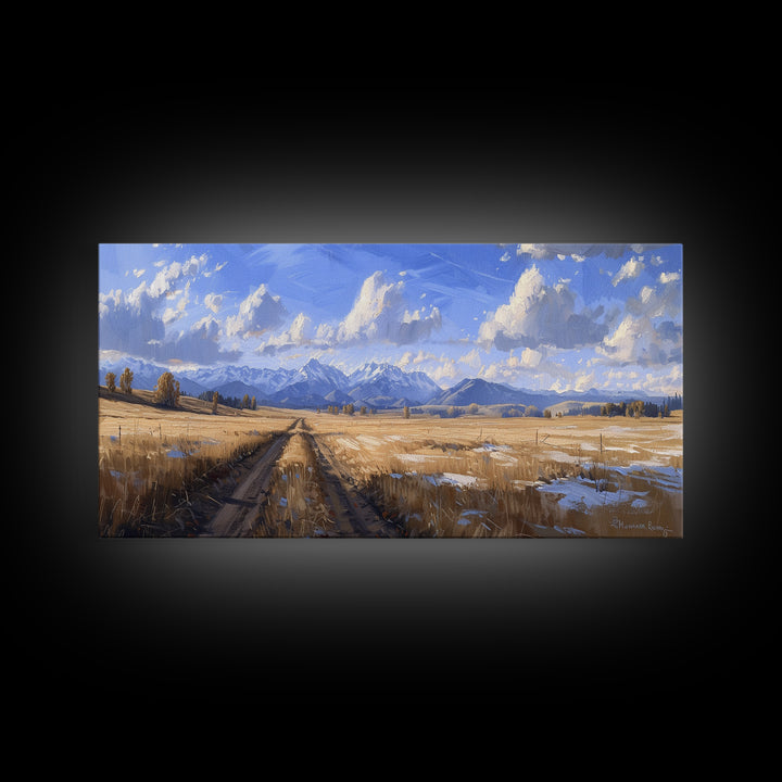 Dirt Roads of Wyoming Framed Canvas Print, Oil Painting Print, Panoramic Extra Wide Large Format Living Room Wall Decor