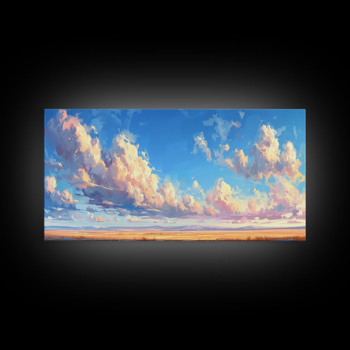 Panoramic Oil Painting Print of A Cloudy Sky Framed Canvas Print, Boho Minimalist Home Decor, Guest Room Wall Art
