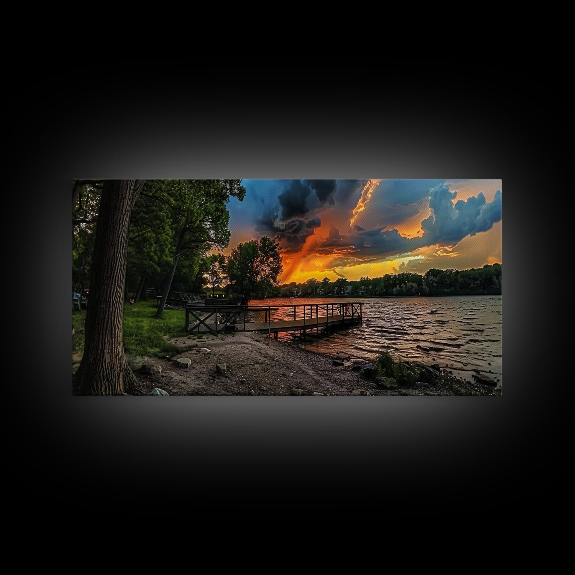 Sunset At The Lake Framed Canvas Print, Lakehouse Decor, Rustic Modern Farmhouse Wall Art, Photography Style Landscape Art