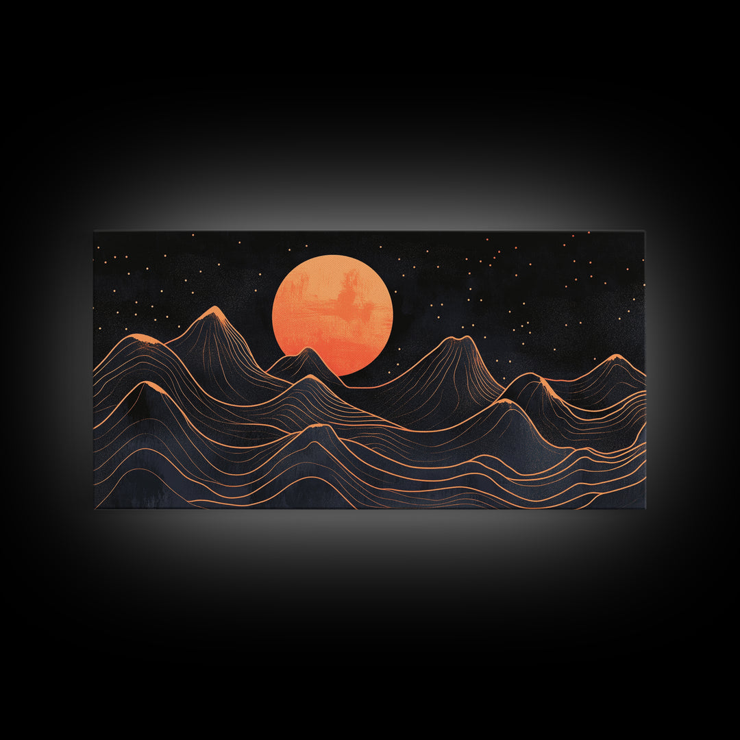 Art Deco Style Abstract Art, Orange Blood Moon Over Mountain Landscape, Retro Home Decor
