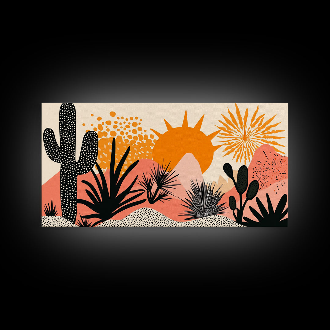 Abstract Southwest Style Wall Art Framed Canvas Print, Cactus and Desert Sunset