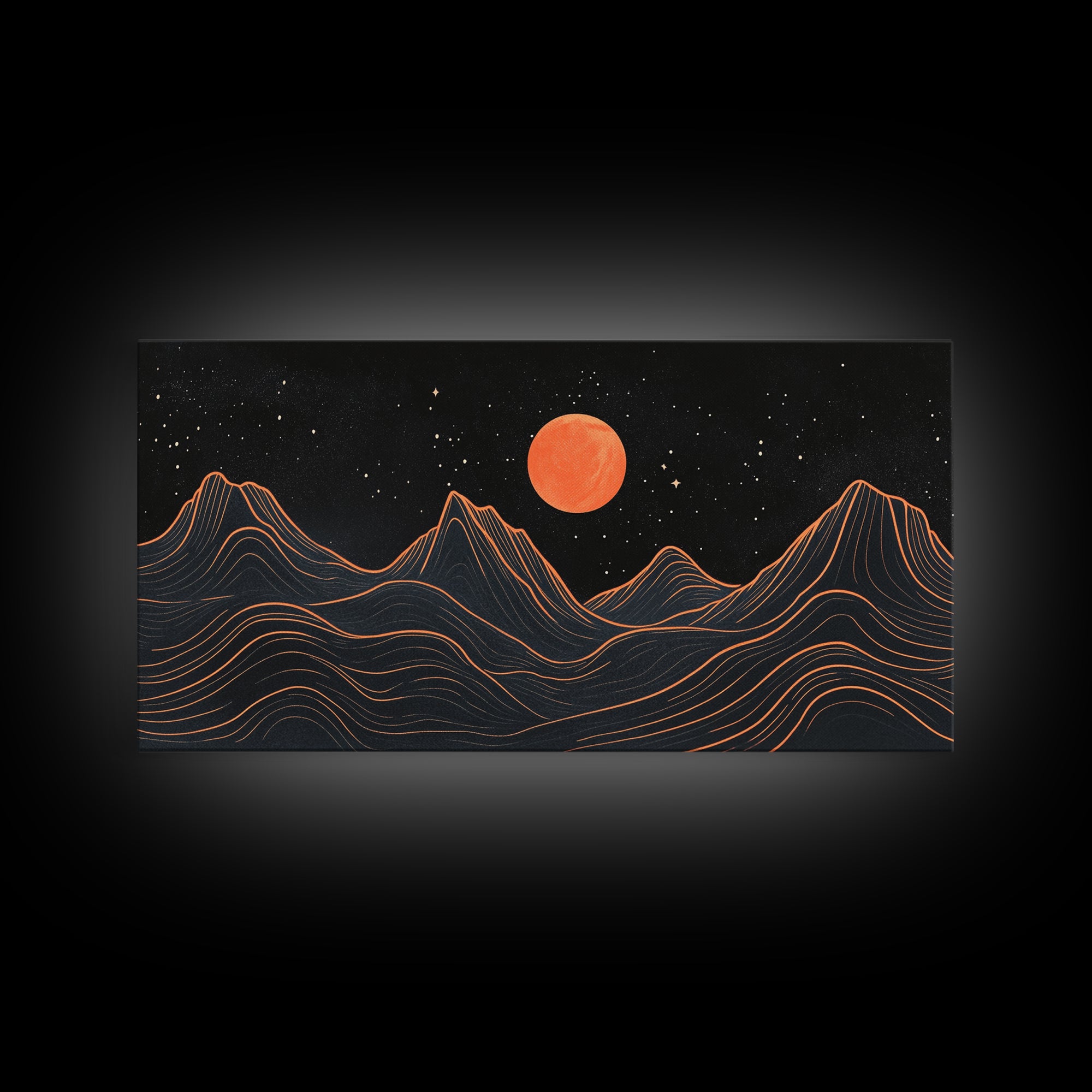 Blood Moon Over a Desert Landscape, Dark and Moody Decor, Framed Canvas Print, Pueblo Style Southwestern Art