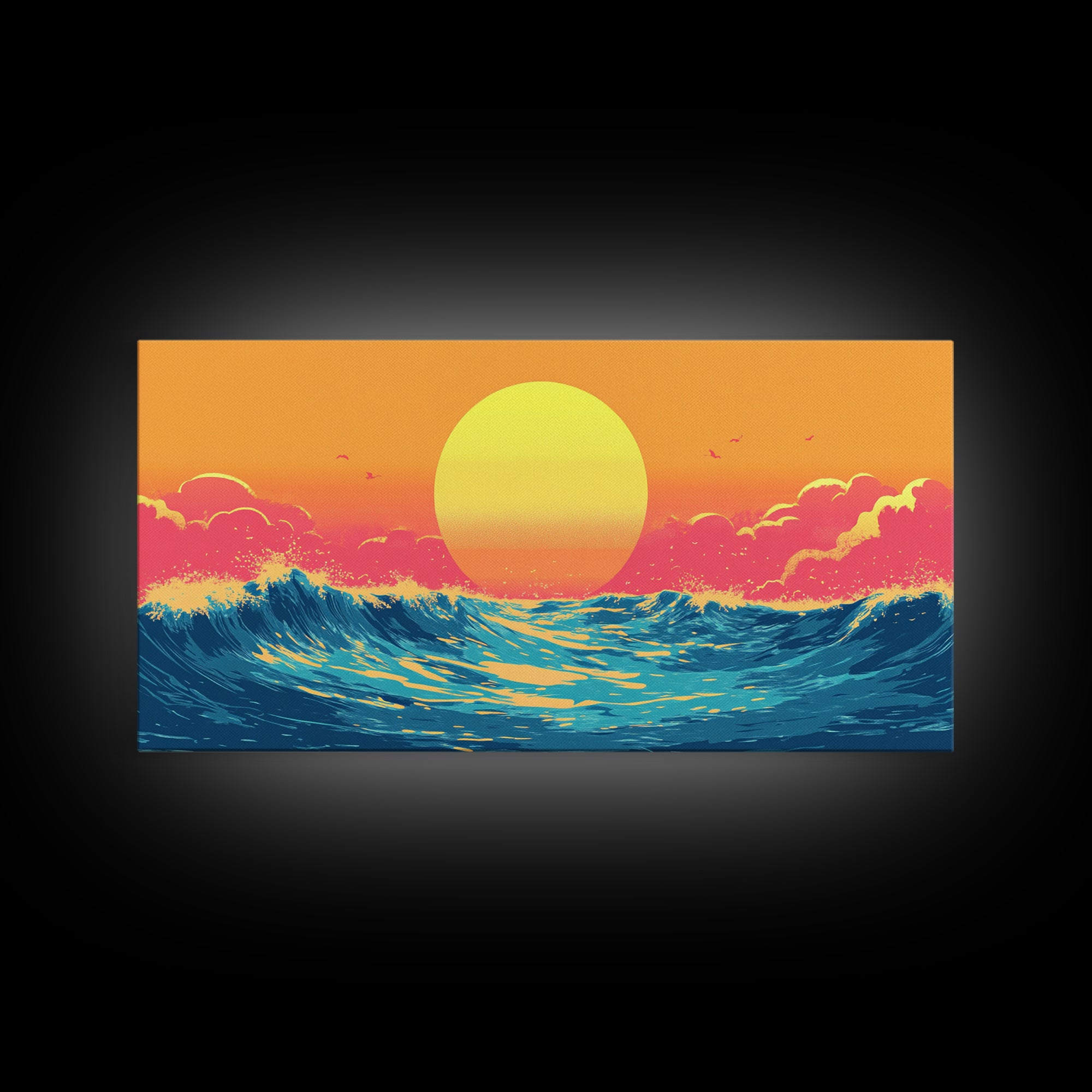 Retro Sunset Over The Ocean, Framed Canvas Print, Beautiful Synthwave Horizontal Wall Art
