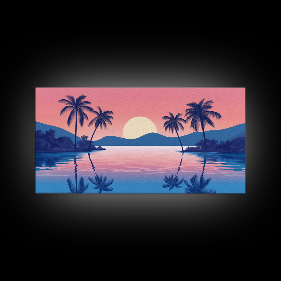 Abstract Vaporwave Sunset Over A Beach Landscape, Framed Canvas Print, Modern Art, Unique Wall Decor, Framed Canvas Art