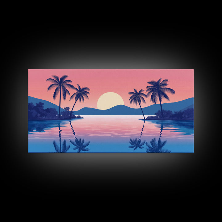 Abstract Vaporwave Sunset Over A Beach Landscape, Framed Canvas Print, Modern Art, Unique Wall Decor, Framed Canvas Art