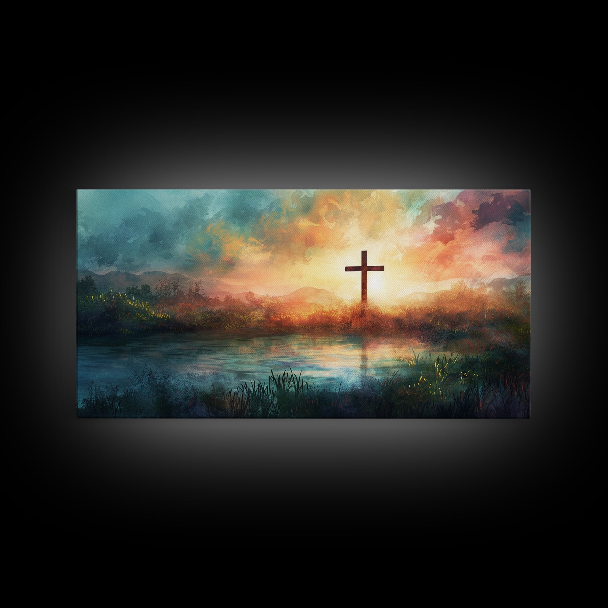 Christian Wall Art Landscape Painting Canvas Print, Beautiful Cross and Sunset, Christianity Home Decor
