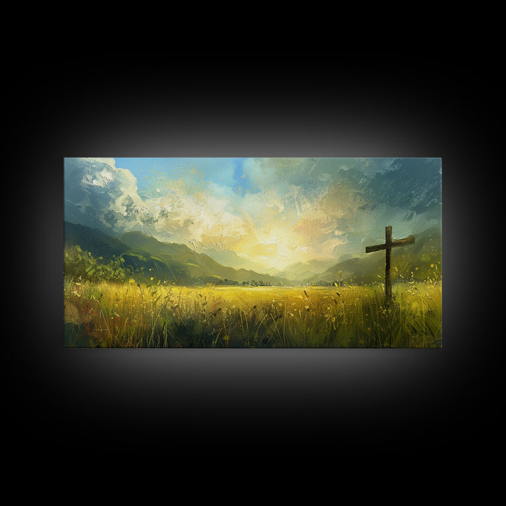 Cross In a Field Of Grass Framed Canvas Print, Christian Wall Art, Landscape Painting, Faith Decor, Cross Painting