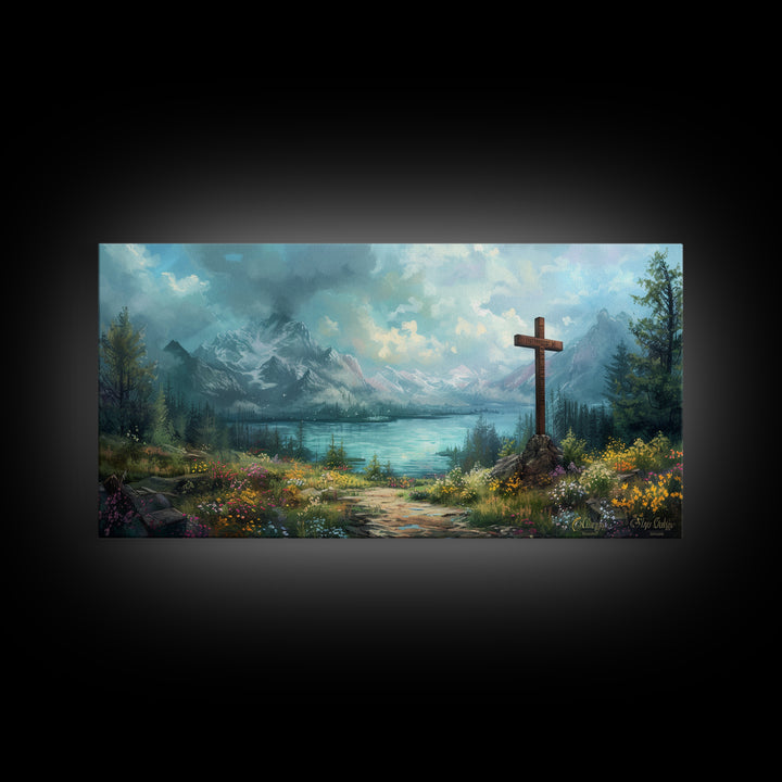 Cross In The Mountains Framed Canvas Print, Christian Faith Wall Art, Beautiful Landscape Painting