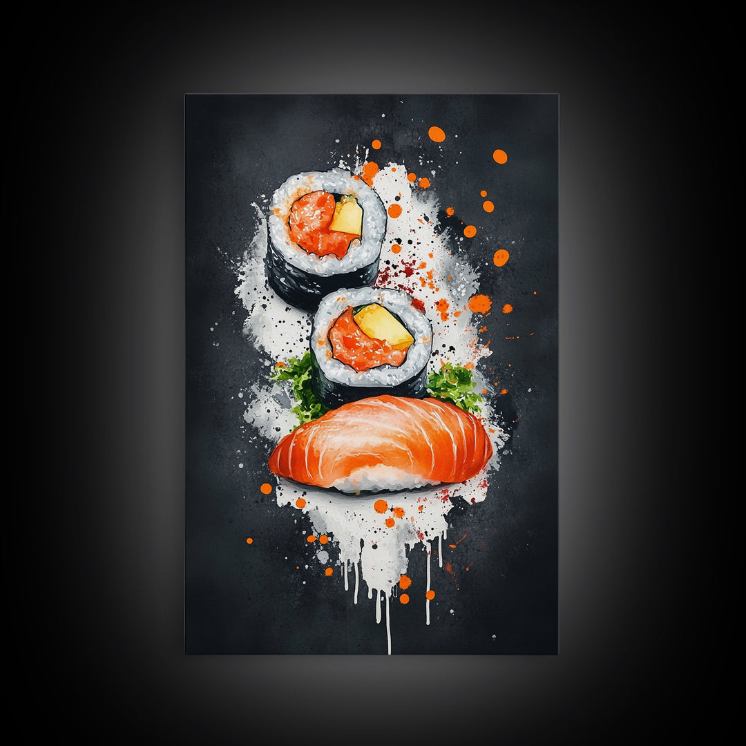 Abstract Oil Painting Canvas Print of Sushi on Black background, Food Review Kitchen Art, Kitchen Decor, Wabi Sabi Wall Art, Sushi Painting