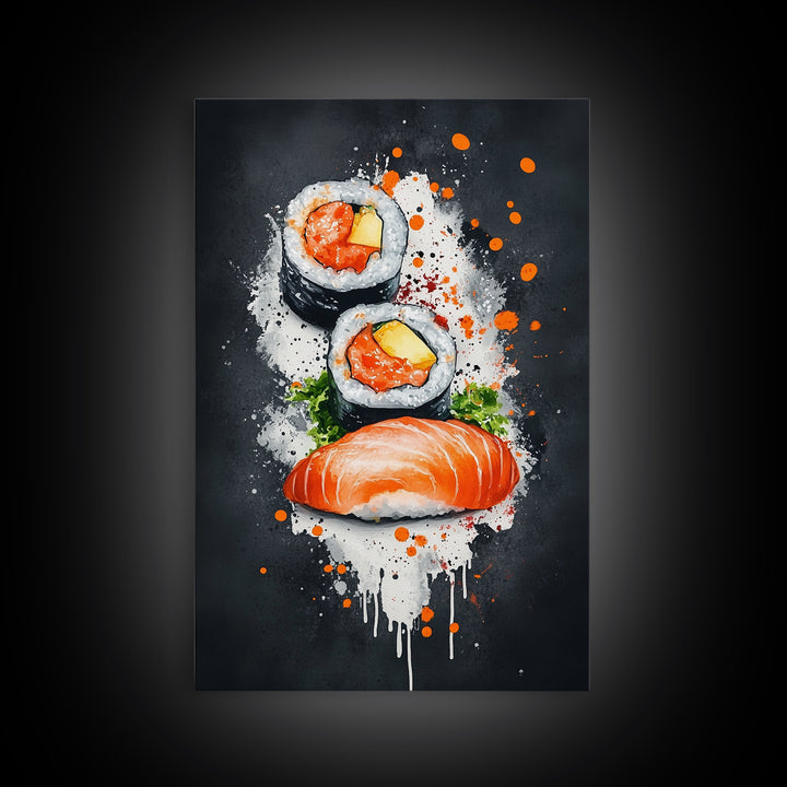 Abstract Oil Painting Canvas Print of Sushi on Black background, Food Review Kitchen Art, Kitchen Decor, Wabi Sabi Wall Art, Sushi Painting
