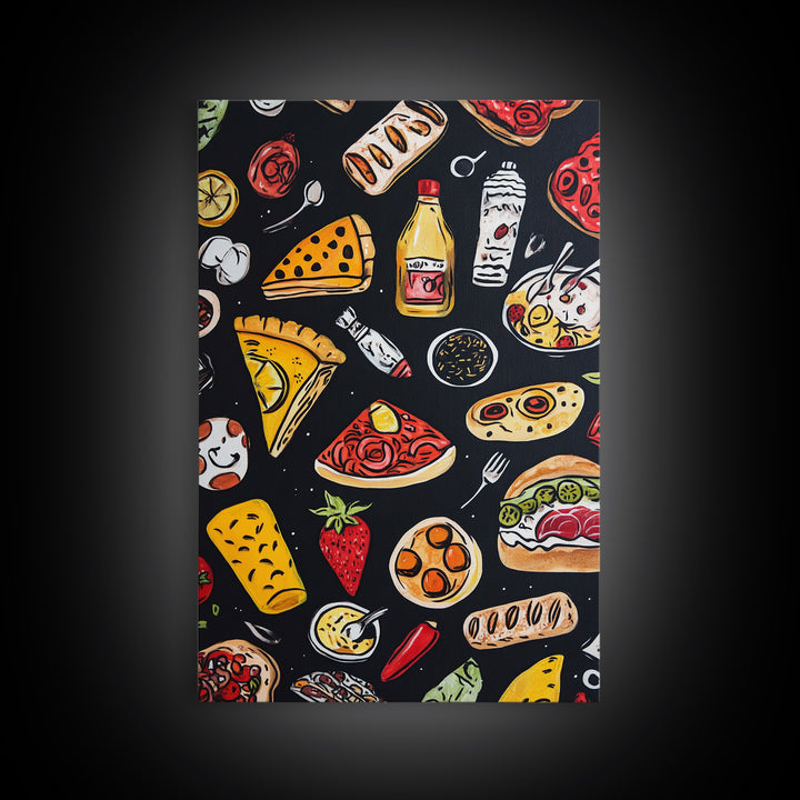 Cute Funky Kitchen Art, Kawaii Wall Art, Kawaii Decor, Restaurant Decor, Kitchen Painting, Dining Room Wall Art, Pizza, Hot Dogs Etc