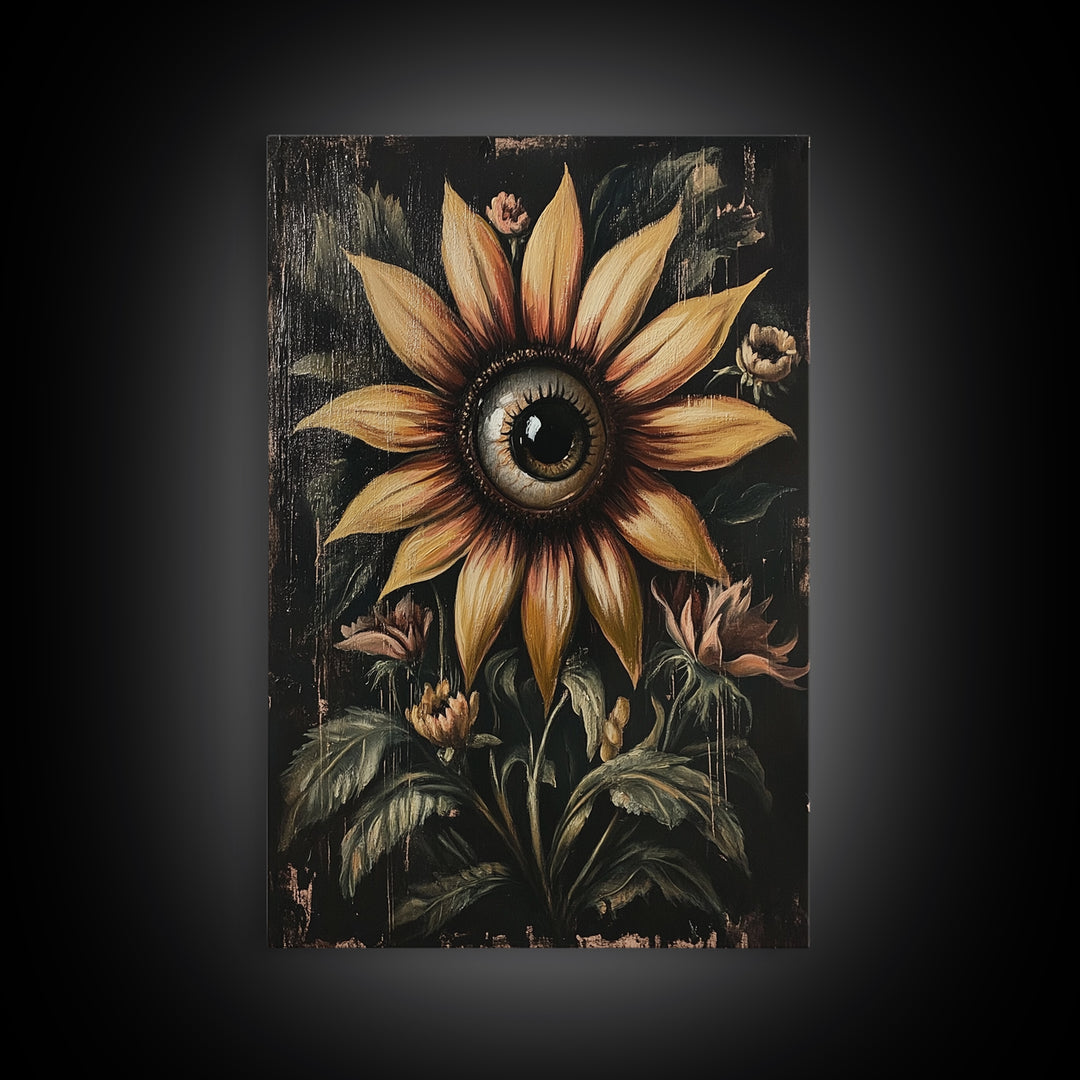 Cyclops Sunflower Framed Canvas Print - Spooky Home Decor - Halloween Wall Art - Dark Academia Macabre Wall Art Goth Botanical Art