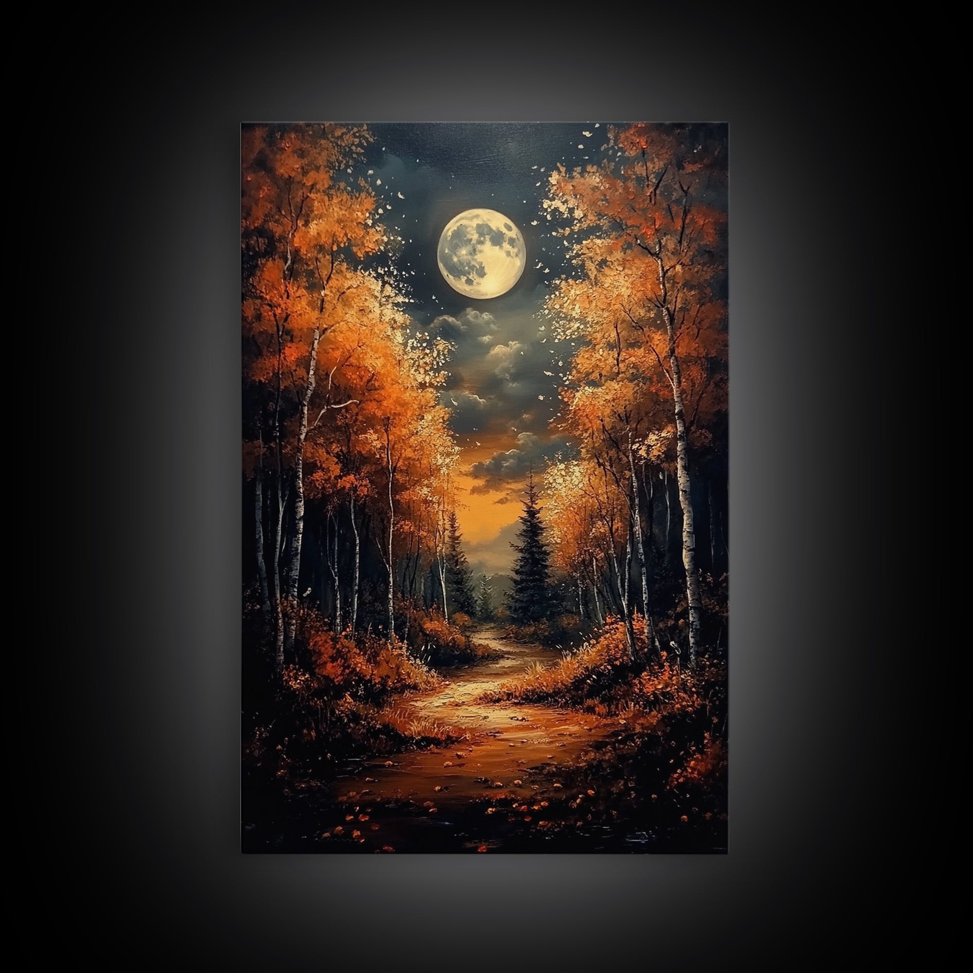 Full Moon Over a Haunted Forest, Framed Canvas Print, Wood Framed Wall Art, Dark Academia Witchy Decor