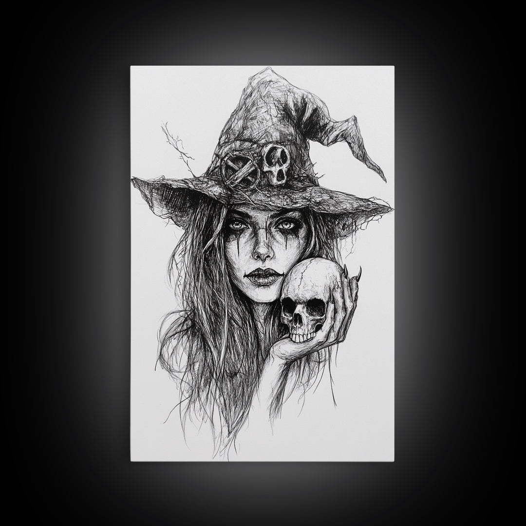 Charcoal Sketch Portrait Of a Witch Canvas Print, Dark Academia Wall Art, Moody Decor, Macabre Home Decor, Witchy Wall Art, Halloween Art