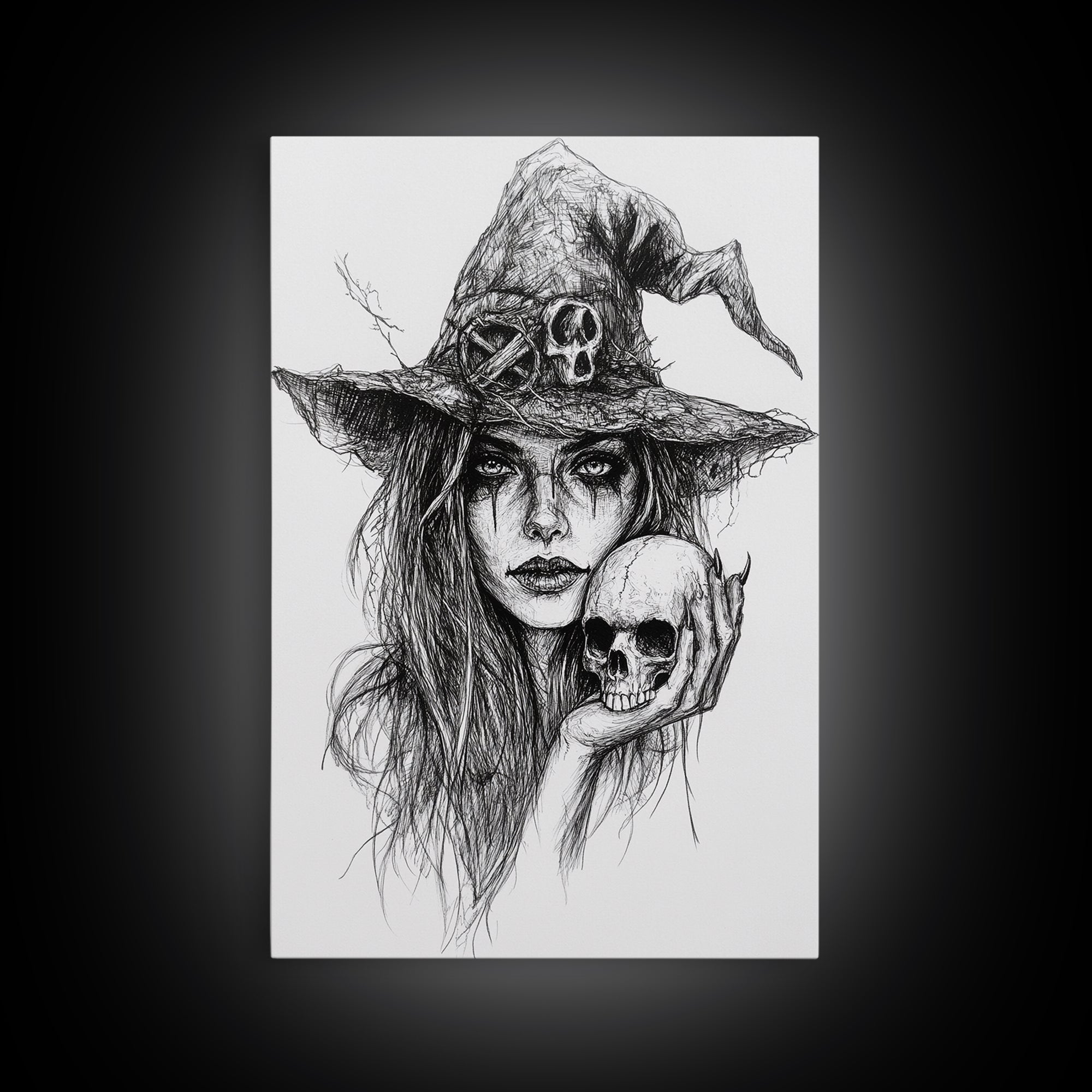 Charcoal Sketch Portrait Of a Witch Canvas Print, Dark Academia Wall Art, Moody Decor, Macabre Home Decor, Witchy Wall Art, Halloween Art