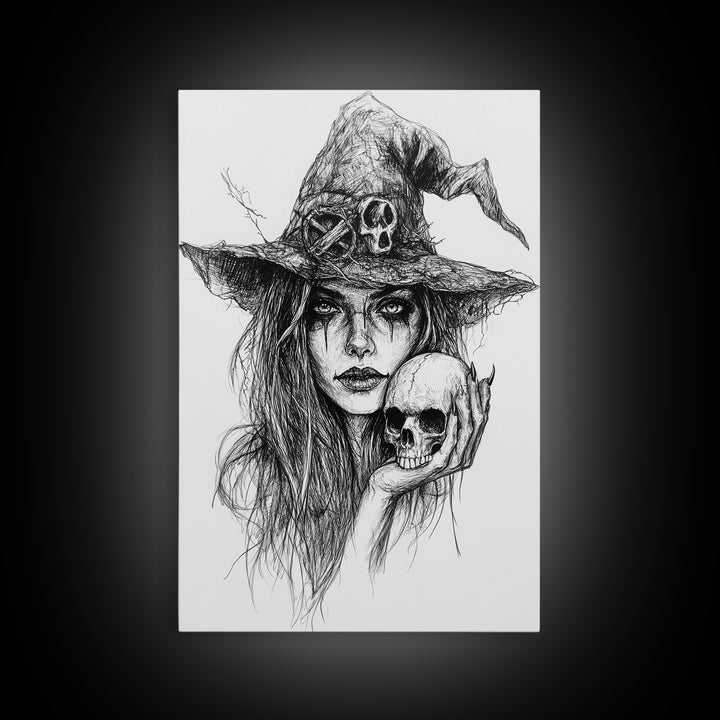 Charcoal Sketch Portrait Of a Witch Canvas Print, Dark Academia Wall Art, Moody Decor, Macabre Home Decor, Witchy Wall Art, Halloween Art